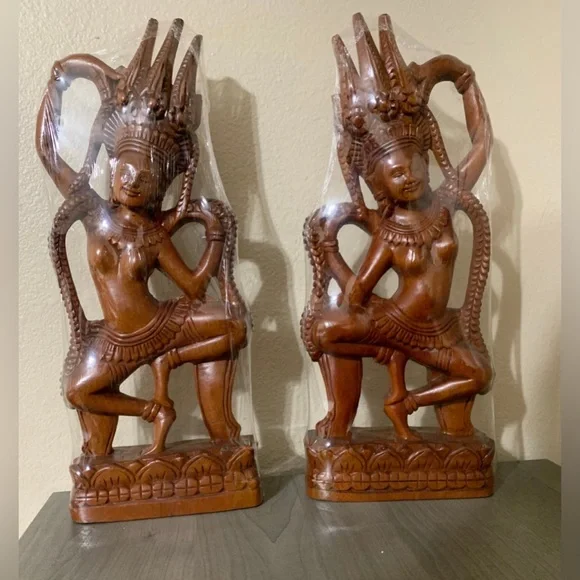 Cambodian Apsaras Dancing Carved Wood - Picture 2 of 12